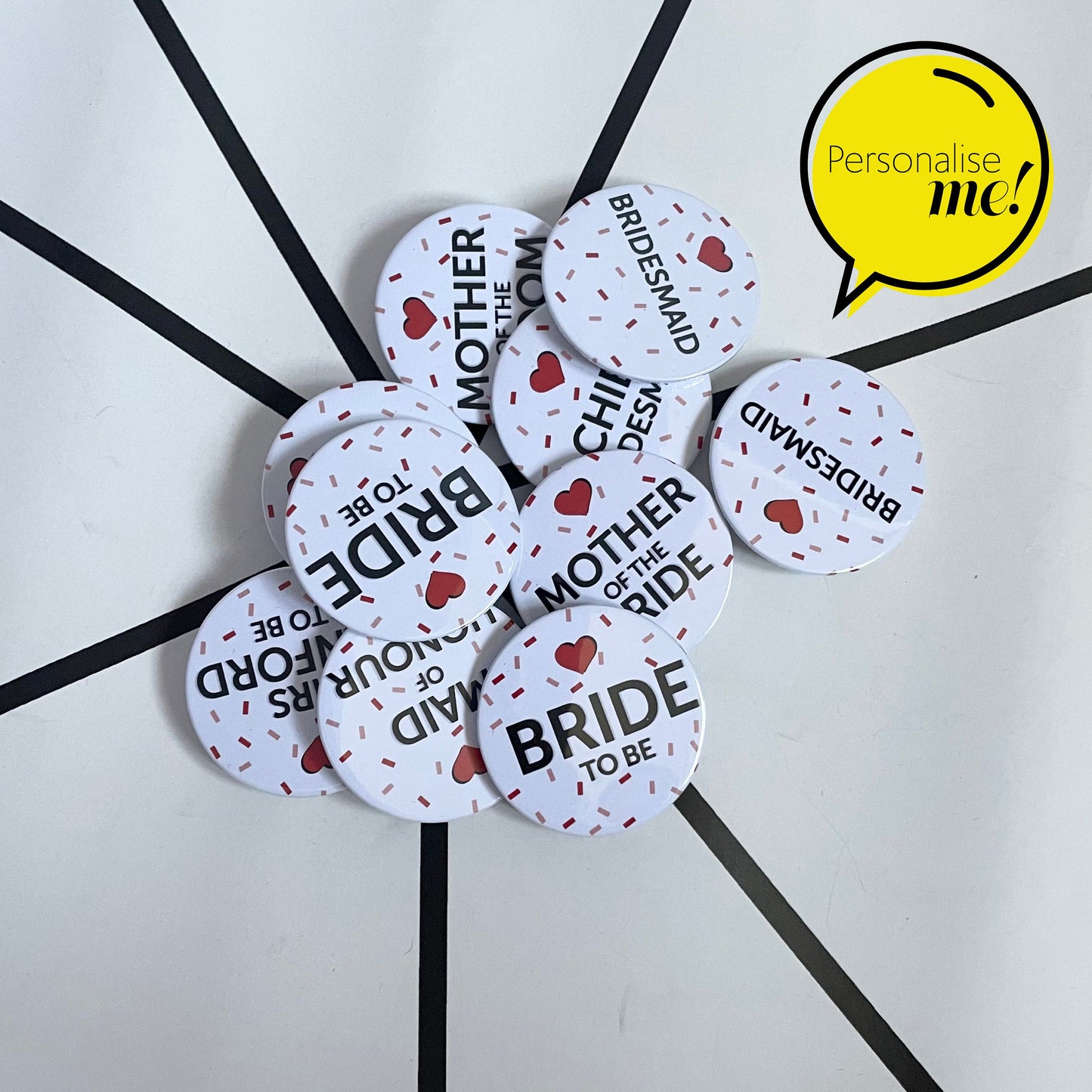 Confetti - Personalised Badges - Red & Pink