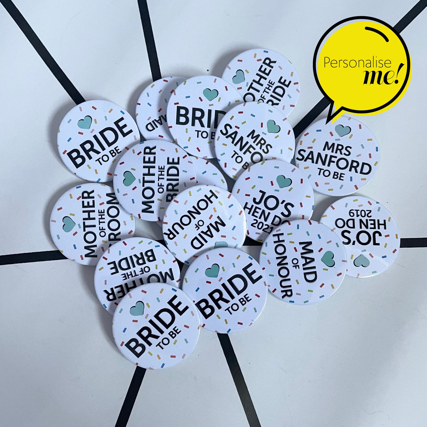 Confetti Badges - Personalised Badges - Multi Colours