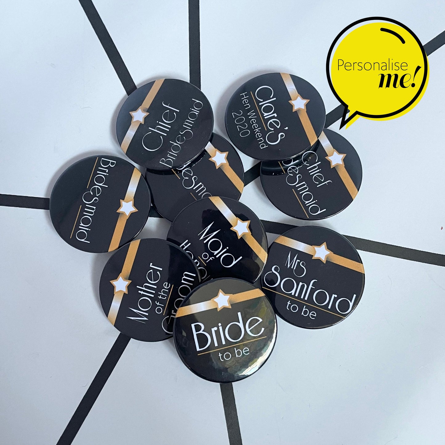 Gatsby Glam Personalised Badges - Black & Gold