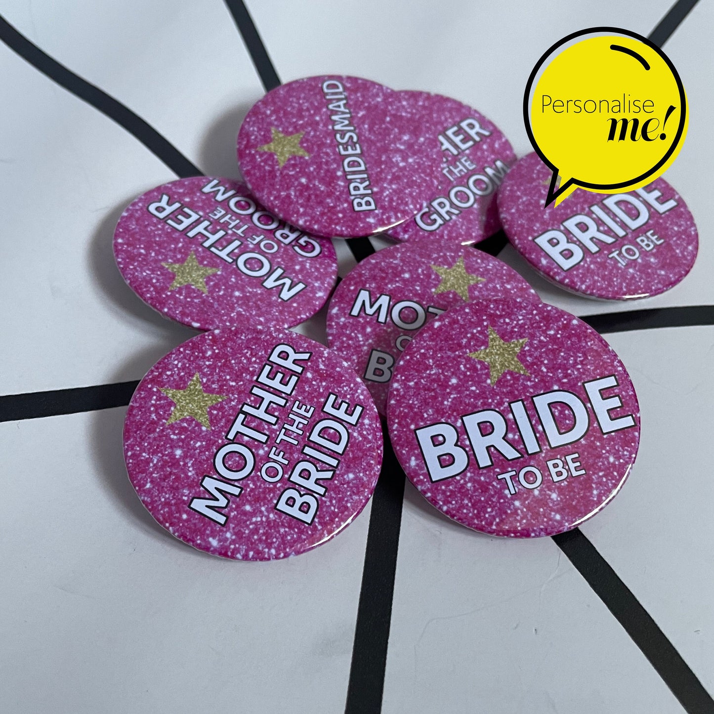 Glitter Pink with Gold Star- Personalised Badges - Gold & Pink