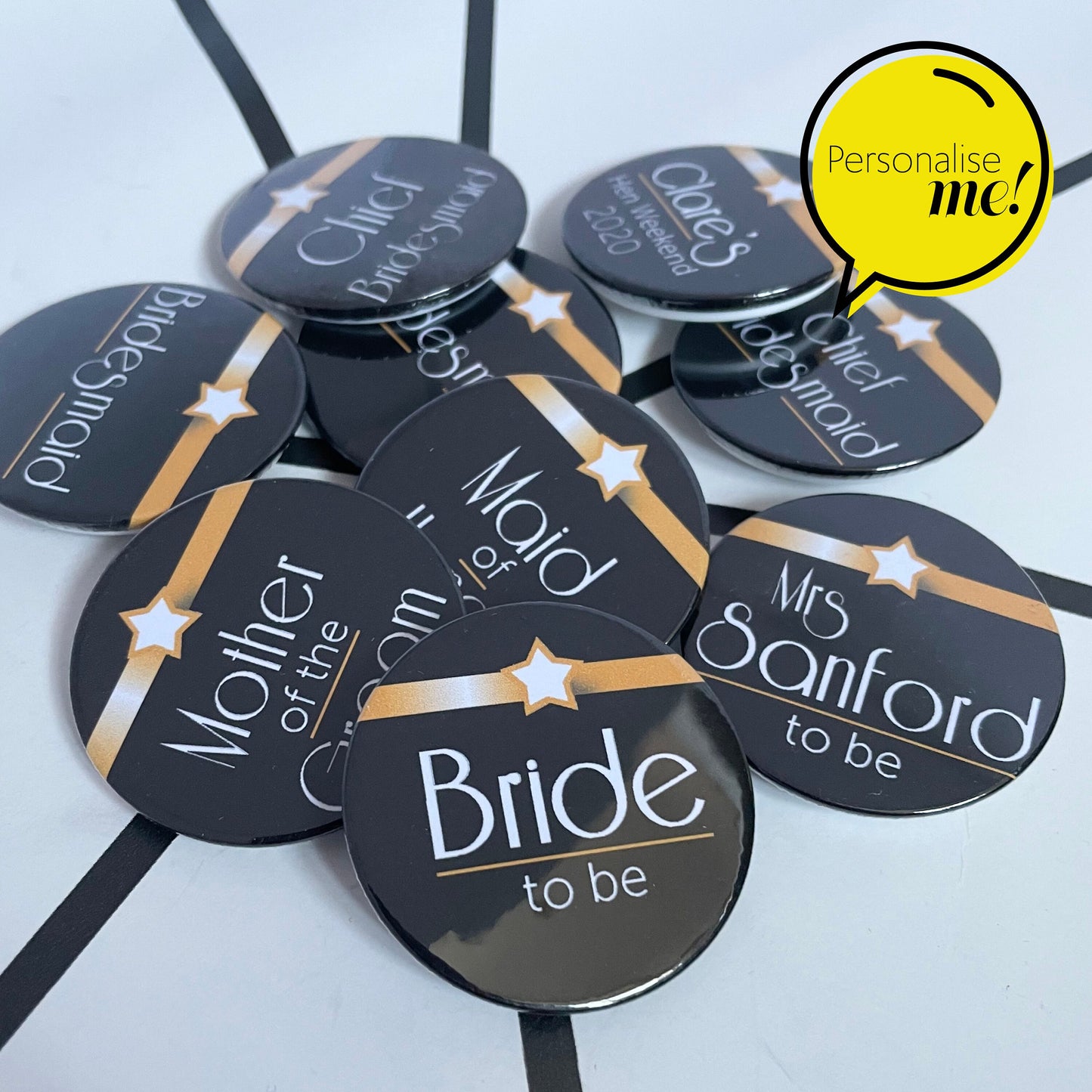 Gatsby Glam Personalised Badges - Black & Gold