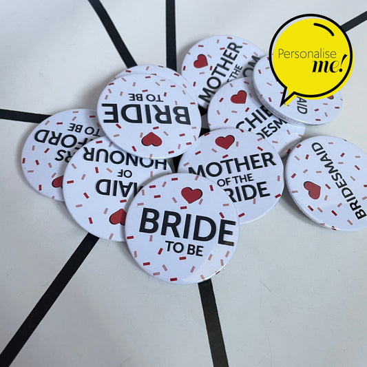 Confetti - Personalised Badges - Red & Pink