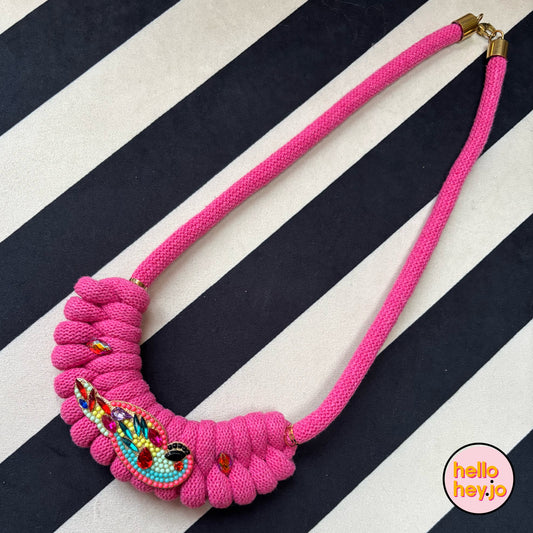 Hand made Macrame with vintage jewel necklace - Hot Pink Diva