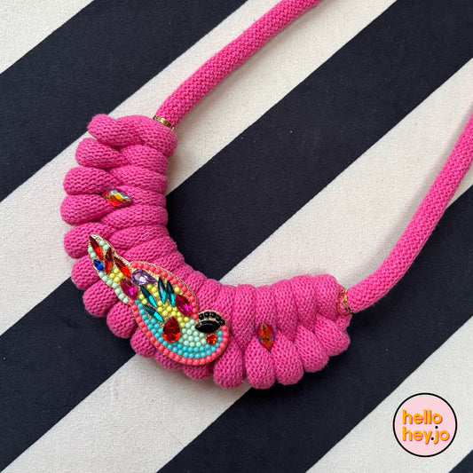 Hand made Macrame with vintage jewel necklace - Hot Pink Diva