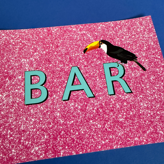 Sample Sale - Bar print with pink glitter background &amp; toucan  £7 for 1 or 4 for £17 includes P&P