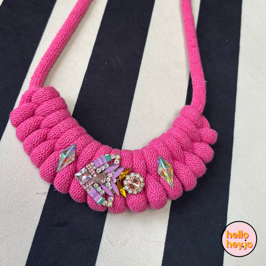 Hand made Macrame with vintage jewel necklace - Pink Lilac Sparkle
