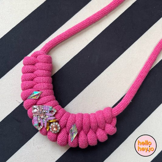 Hand made Macrame with vintage jewel necklace - Pink Lilac Sparkle