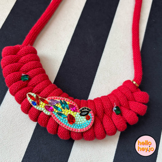 Hand made Macrame with vintage jewel necklace - Sparkle Red Jam