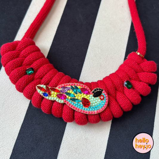 Hand made Macrame with vintage jewel necklace - Sparkle Red Jam