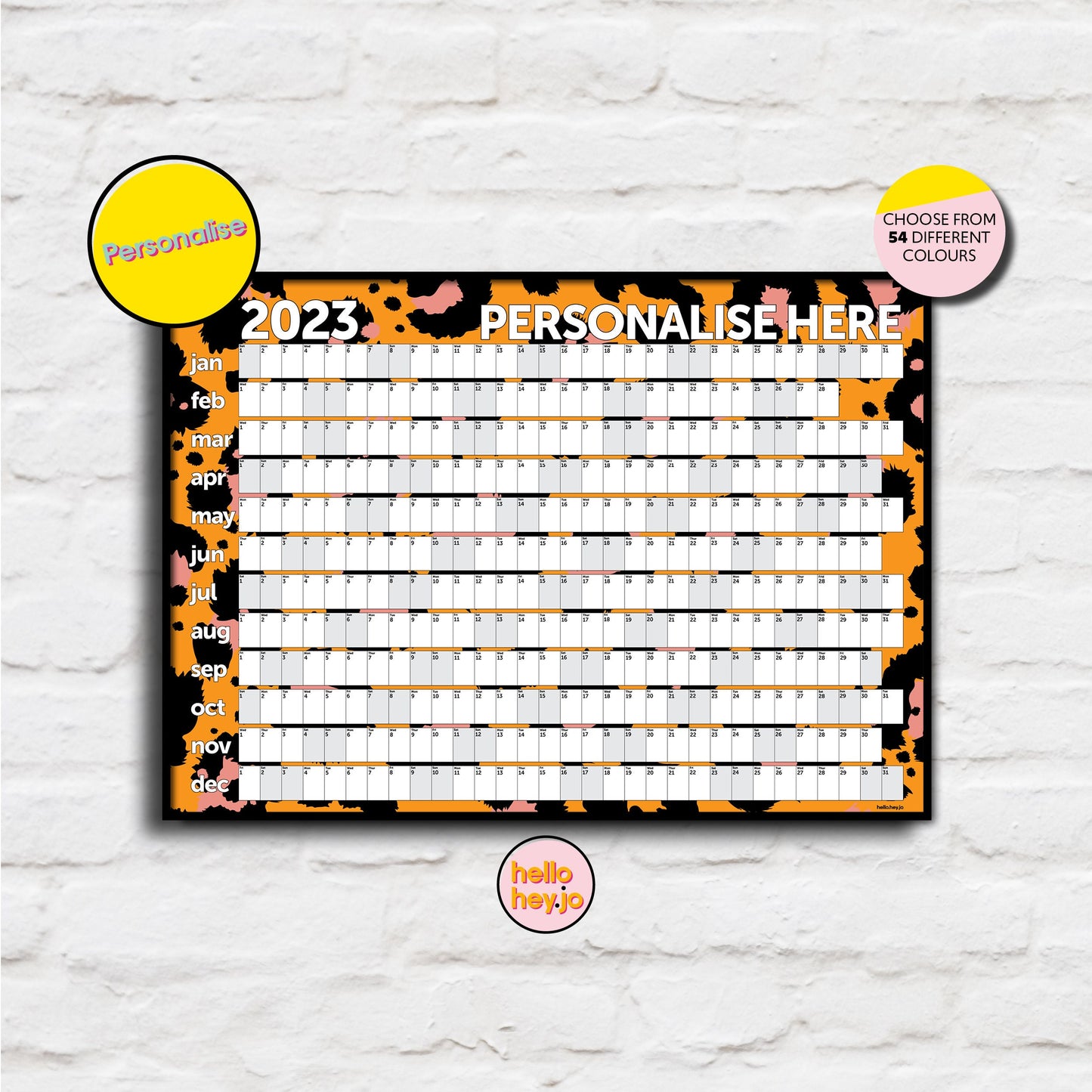 Personalised 2026 Wall Planner - Leopard Print | 12 Months | Unframed | Sizes: 50x70cm & A1 | Wall Calendar | Orange and Pink
