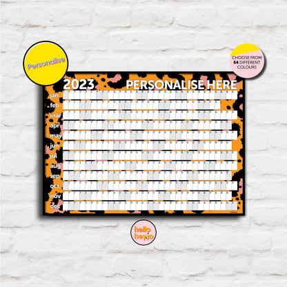Personalised 2026 Wall Planner - Leopard Print | 12 Months | Unframed | Sizes: 50x70cm & A1 | Wall Calendar | Orange and Pink