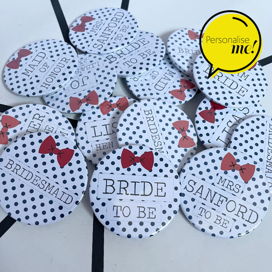 Dotty Bow - Personalised Badges - Navy & Red | Personalised | Any wording | Hen Night | Wedding | Party | Baby Shower
