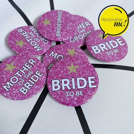 Glitter Pink with Gold Star- Personalised Badges - Gold & Pink