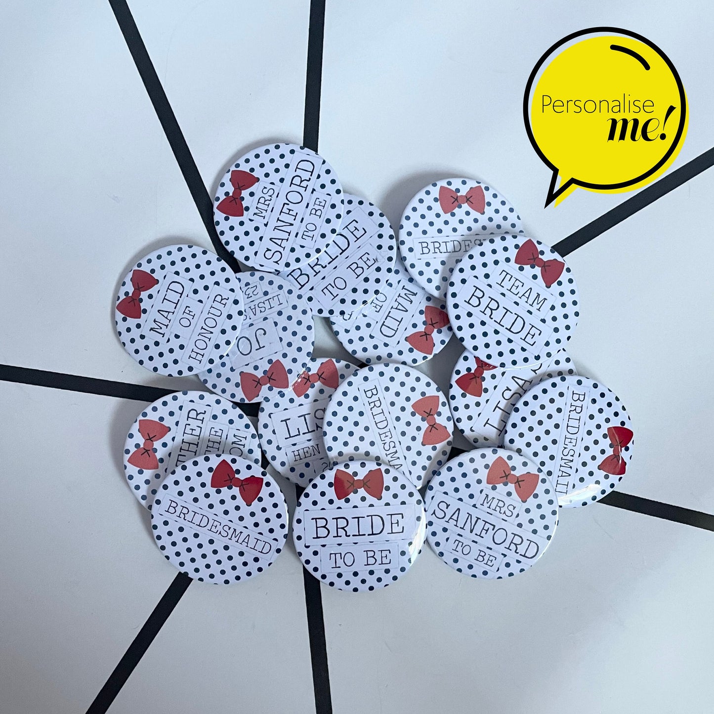 Dotty Bow - Personalised Badges - Navy & Red | Personalised | Any wording | Hen Night | Wedding | Party | Baby Shower