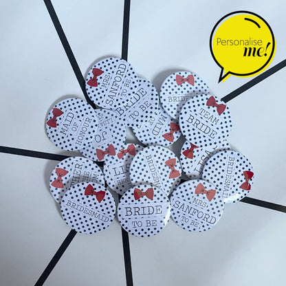 Dotty Bow - Personalised Badges - Navy & Red | Personalised | Any wording | Hen Night | Wedding | Party | Baby Shower